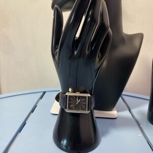 Fossil Rectangular Crystal Bezel Women's Watch Black Dial Leather Strap FS4417